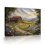 春の田舎のコテージ牧草地ジクレーンプリント アートワーク 羊の群れの花 草原の壁画 ファームハウスの壁画 ホームオフィスの壁飾り インナーフレーム 55x70cm