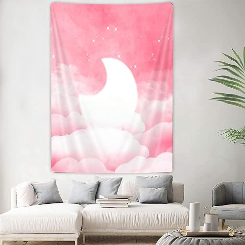Miniatura 5 de Grtuspr Tapiz rosa, tapiz de cielo nublado blanco, luna de algodón, caramelo, lindo cielo, tapiz decorativo pastel, hermoso día brillante, tapiz