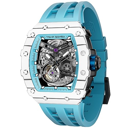 TSAR BOMBA Montre Homme Automatique Luxe Fibre Carbone - Mouvement Japonais - Verre Saphir - Étanche 50m - Ceinture Fluoroélastomère - Tonneau - Calendrier...