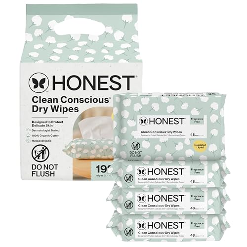 The Honest Company 100% Pure Organic Cotton Dry Wipes Multi-Use Disposable Facial Cloths and Baby Hypoallergenic Gentle on Skin 192 Count