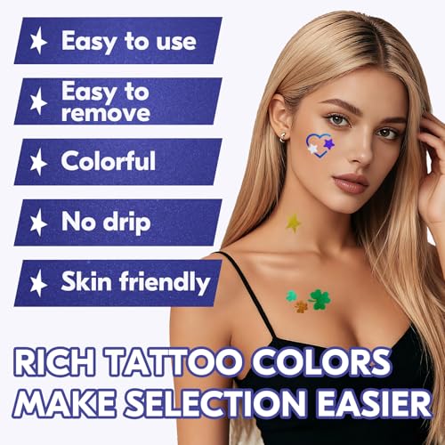 Temporary Tattoo Markers with Tattoo Stencils, 10 Cosmetic Temporary Tattoo Pens and 8 Sheets Sticky Temporary Tattoo Stencils, Body Face Painting Kit for Adults and Kids Party Favor Gift Supplies