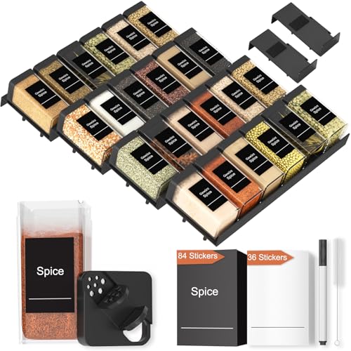Famhap Rangement Epices Cuisine Tiroir 24 pièces avec 24 Bocaux, Étagère pour Tiroirs Porte Epice Support Epices Cuisine Organisateur Grande Capacité Extensible