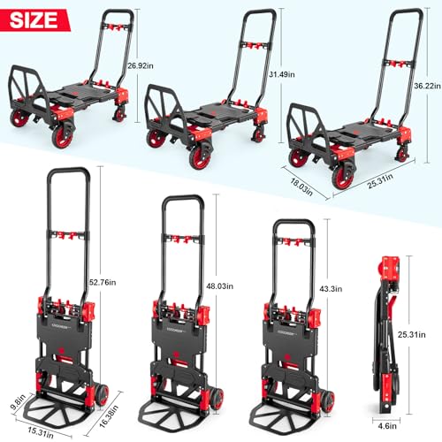 Image of 2 in 1 Folding Hand Truck, 330lbs Aluminum Portable Dolly Cart, Red | Converts to 2 & 4 Wheel Platform Truck with 5 inch Solid Rubber Wheels, 3-Gear Handle for Moving /Travel /Office