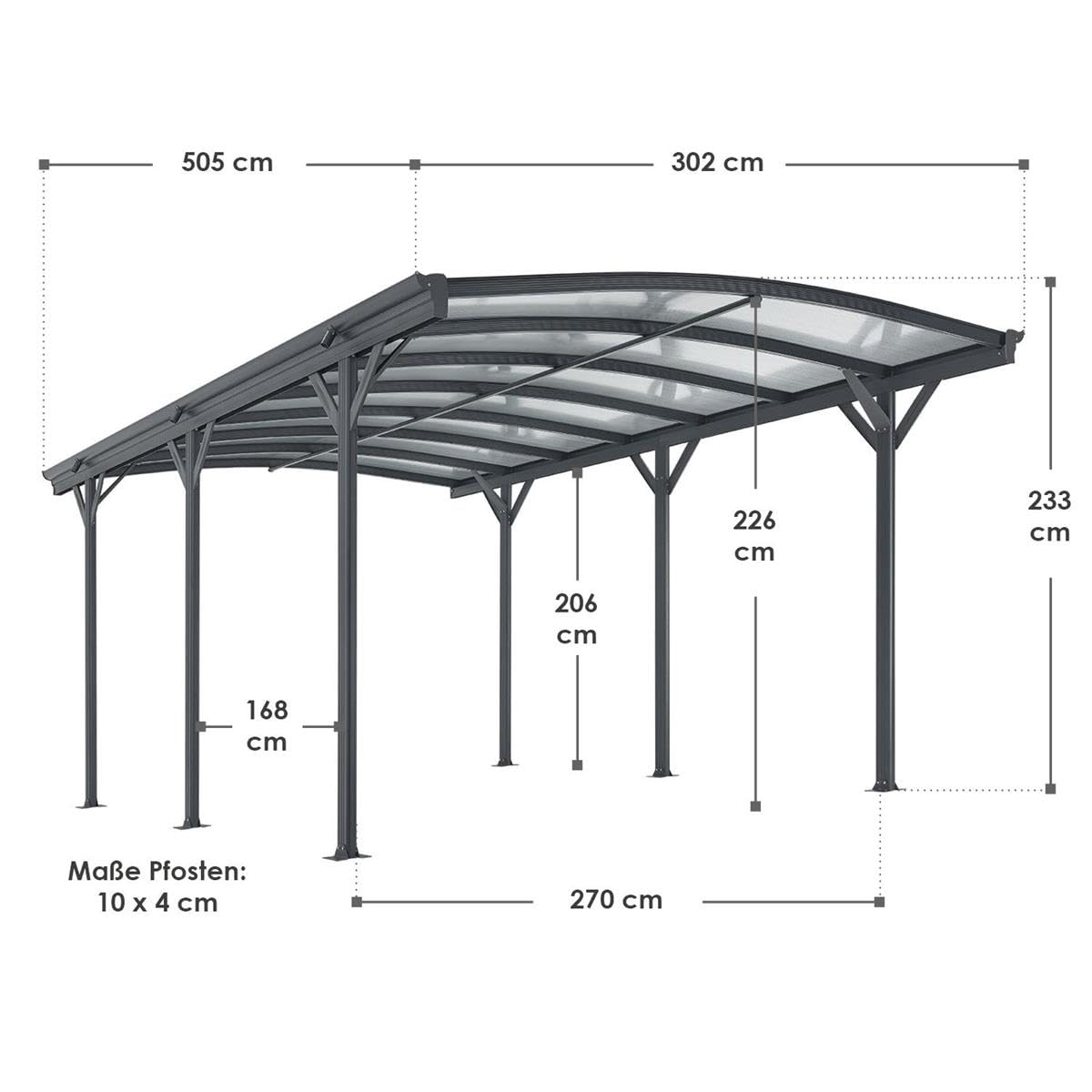 Aluminium Carport München Überdachung 5 x 3 m grau anthrazit KFZ PKW Auto Boot Hänger Fahrrad mit Aluminiumrahmen (Bogendach)