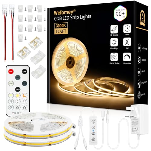 Wefomey 20M COB LED Strip Light with Remote, 3000K Dimmable Bright Warm White Led Lights Strip, Flexible DC24V Led Tape Light for Bedroom, Kitchen, DIY Lighting (2 Rolls of 10M)