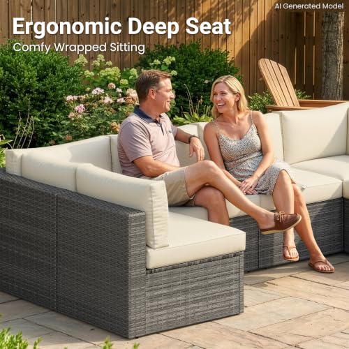 Image of Wisteria Lane 7 Pieces Outdoor Patio Furniture Set, Wicker Outdoor Patio Sectional Sofas with Coffee Table, All-Weather Patio Conversation Set for Garden Backyard, Beige