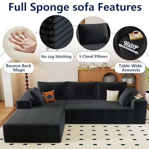 Image of 96 inch Modular Sectional Sofa, Modern Corduroy Cloud Couch with Deep Seat, Boneless Couch Upholstered 3-Seater L-Shaped Sofa for Living Room, No Assembly Required (Black, Left-Facing Chaise)