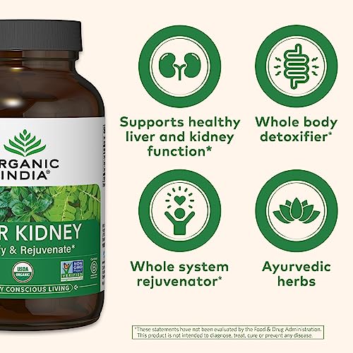 Organic India Liver and Kidney Cleanse Detox Repair - Herbal Supplement - Detoxify & Rejuvenate, Supports Healthy Liver & Kidney Function, Vegan, USDA Certified Organic, Non-GMO - 180 Capsules