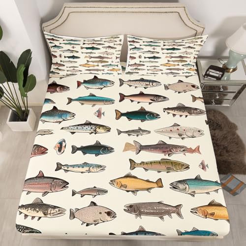 Image of jejeloiu Fish Bed Sheets Set Full Size Ocean Sea Animal Bed Set for Kids Boys Girls Marine Theme Deep Pocket Fitted Sheet Marine Theme Breathable Soft Lightweight Microfiber
