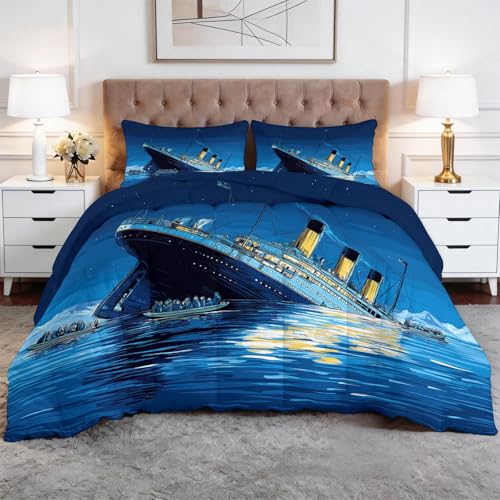 Queen Size Cartoon Titanic Cruise Ship Comforter Set, 3-Piece All-Season Navy Blue Bedding Set with 2 Pillowcases, Down Alternative - Machine Washable Aesthetic Bed Decor for Bedroom & Dorm