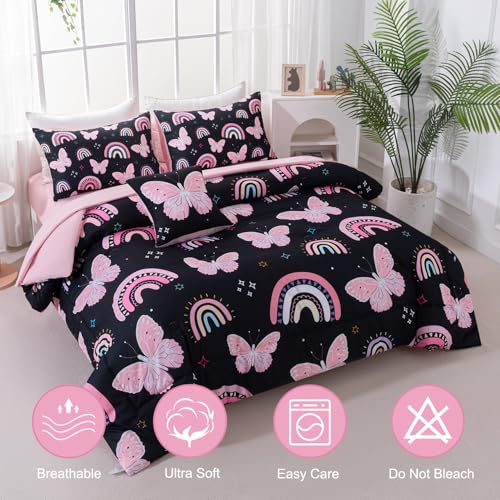 Image of Full Size Comforter Set for Girls - 6 Pieces Black Pink Butterfly Kids Bedding Set with Sheets - Colorful Rainbow Printed Teen Girl Bed in A Bag (Rainbow Butterfly, Full)