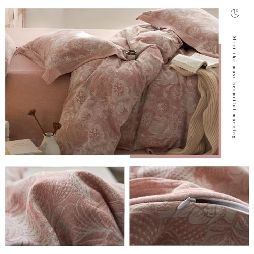 VM VOUGEMARKET Blush Pink Flower Duvet Cover Set Queen,3 Pieces Retro Jacquard Pink Floral Bedding Set,Linen Cotton Yarn-Dyed Textured Duvet Cover with Zipper Closure