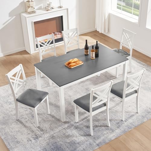 Image of Harper & Bright Designs 58.5 inch Lx34.5 W Solid Wood 7-Piece Dining Table Set for 6, Grey White Two-Tone Kitchen Dining Room Set with 6 Upholstered Chairs, Rubber Wood Frame, 330LBS Capacity
