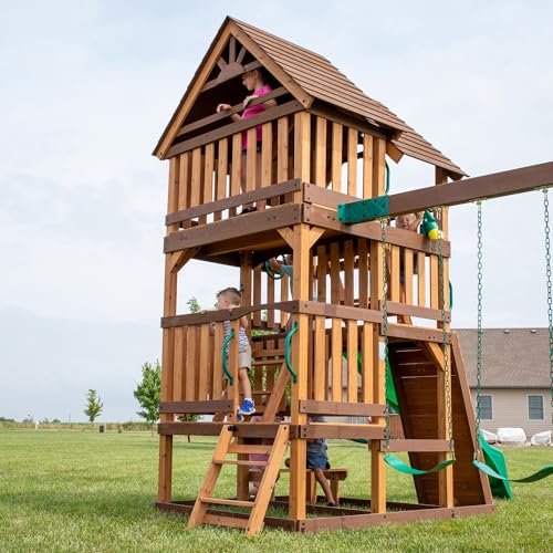 Backyard Discovery Highlander Cedar Wood Swing Set with Wave Slide, Three-Story Clubhouse, Rock Wall, Picnic Table, Belt Swings, Web Swing, Sandbox, Three Ladders, Toy Accessories, Outdoor Playset - image 4