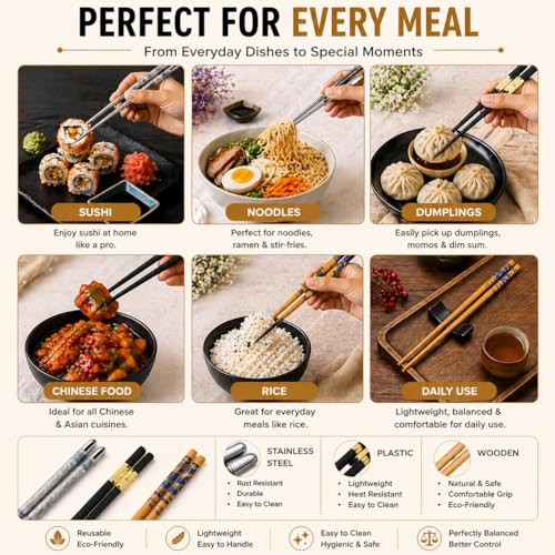 Image of 3-Pairs Reusable Chopsticks Set - Stainless Steel, Wooden & Fiber with Gold Accent - Lightweight, Square Grip Chop Sticks for Sushi, Noodles & Hotpot (Korean & Chinese Style)