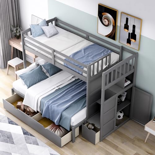 LUMISOL Twin Over Full Bunk Bed with Cabinet, Staircase and Drawers, Convertible Bottom Bed, Wooden Twin Size Bunk Bed for Kids, Gray