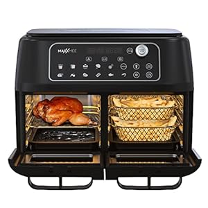 MAXXMEE Heteluchtfriteuse, dubbele kamer, 11 liter, slimme combinatie van heteluchtoven, grill en friteuse met 2 XXL-frituurvakken met elk 5,5 liter, digitaal bedieningspaneel en kijkvenster