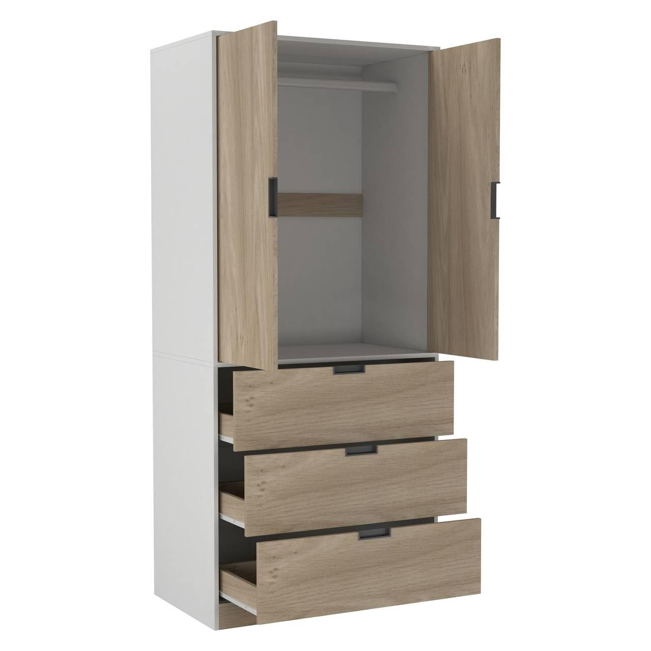 URBNLIVING Modern 2 Door Wardrobe with 3 Drawers & Hanging Rail, Stylish Freestanding Storage, Spacious Interior - Image 2