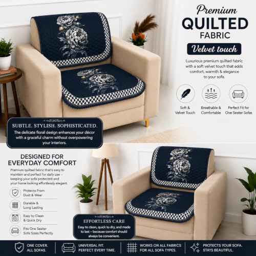 Image of Homerz 'Brooklyn Series' Premium Sofa Cover | Quilted Floral Design | Non-Slip Washable Sofa Protector | Soft Anti Slip Fabric (Ny Grey, 1 Seater, Seat Cover with Backrest)