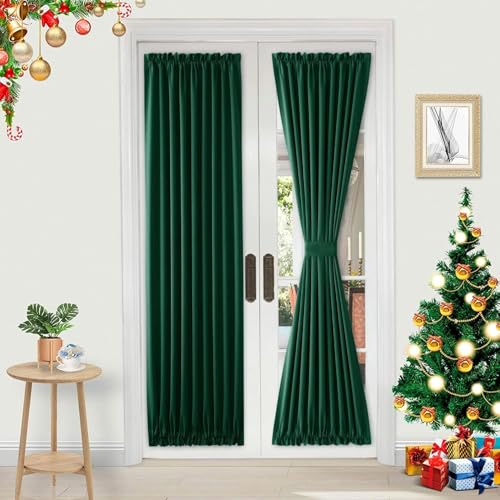 DWCN French Door Curtains – Rod Pocket Thermal Blackout Curtain for Doors with Glass Window, Kitchen and Patio Doors for Privacy, 30 X 64 Inches Long, 1 Curtain Panel with Tieback, Hunter Green