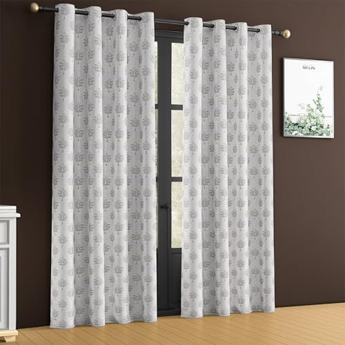 Image of Yellow Weaves 2 Pcs Jacquard Tree Eyelet Long Door Curtain - Perfect for Home, Office, Bedroom, Living Room & Balcony - 7 Feet (Silver)