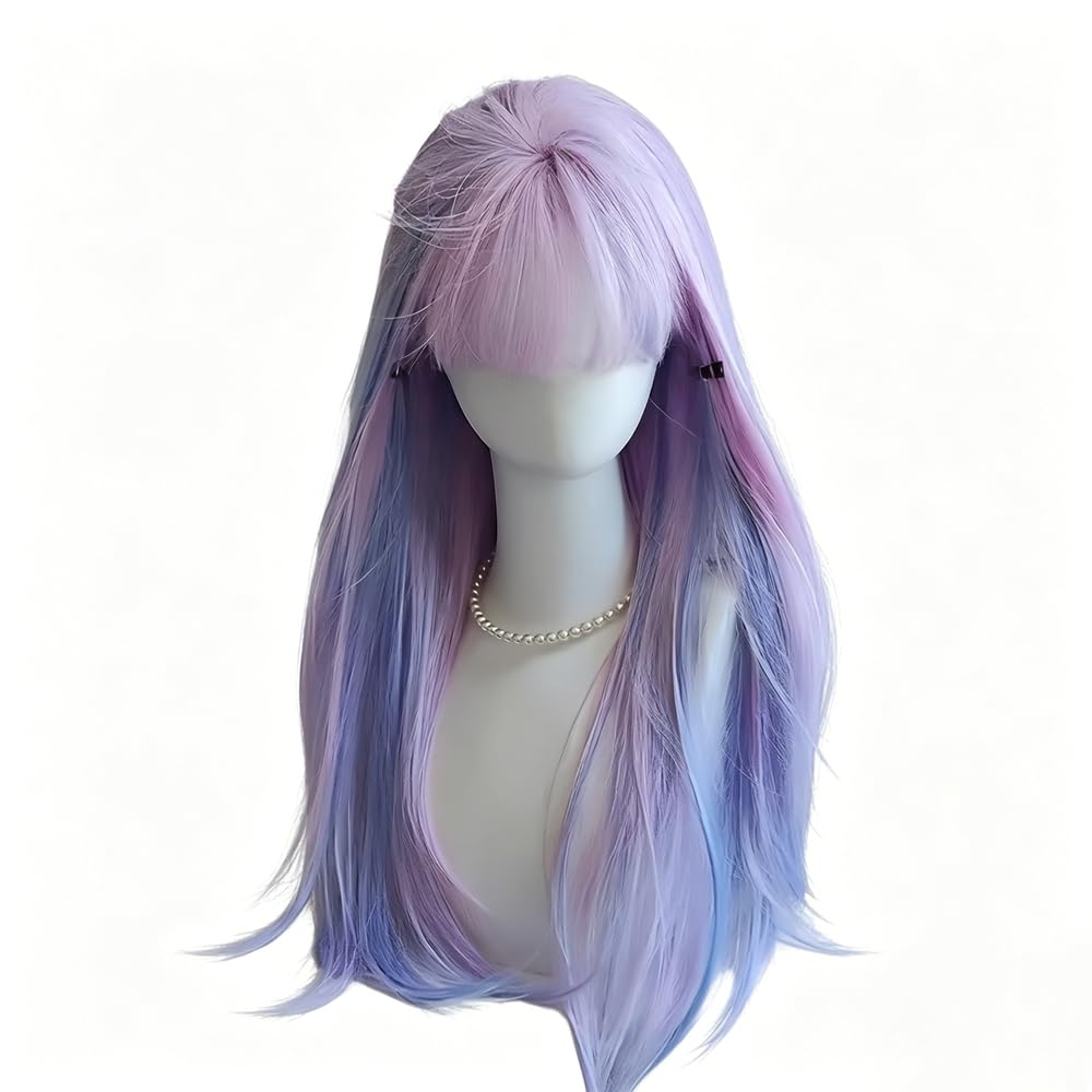 Haarpflege Perücke Weiblich Mit Lila Blauen Highlights Glattes Haar Hitzebeständige Faserperücken