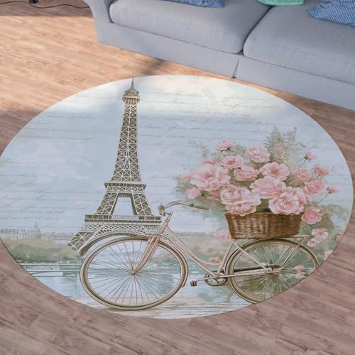 Tapis Tour Eiffel rond à poils courts 140cm lavable avec envers antidérapant sécurisé