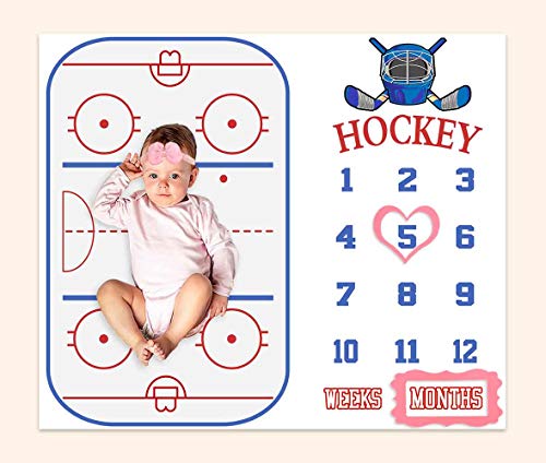 Image of Baby Age Milestone Blanket, Hockey Stadium Blanket for Nursery, Baby 1-12 Months Growth Chart, Includes 4 Frame and 1 Headband 47 inchx40 inch BTLSPH298