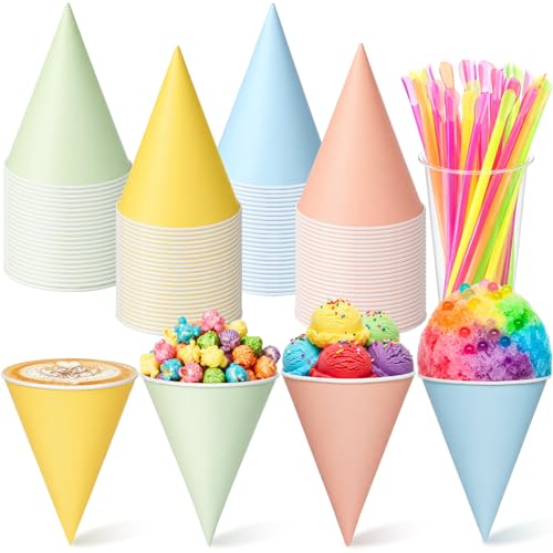 Honeydak 48 Pcs 6 oz Snow Cone Cups with 8 Inch Spoon Straw Spring Pastel Leakproof Paper Cone Water Cups Disposable Colorful Shave Ice Cream Bowl for Slush Shaved Ice Cream Sorbet Water