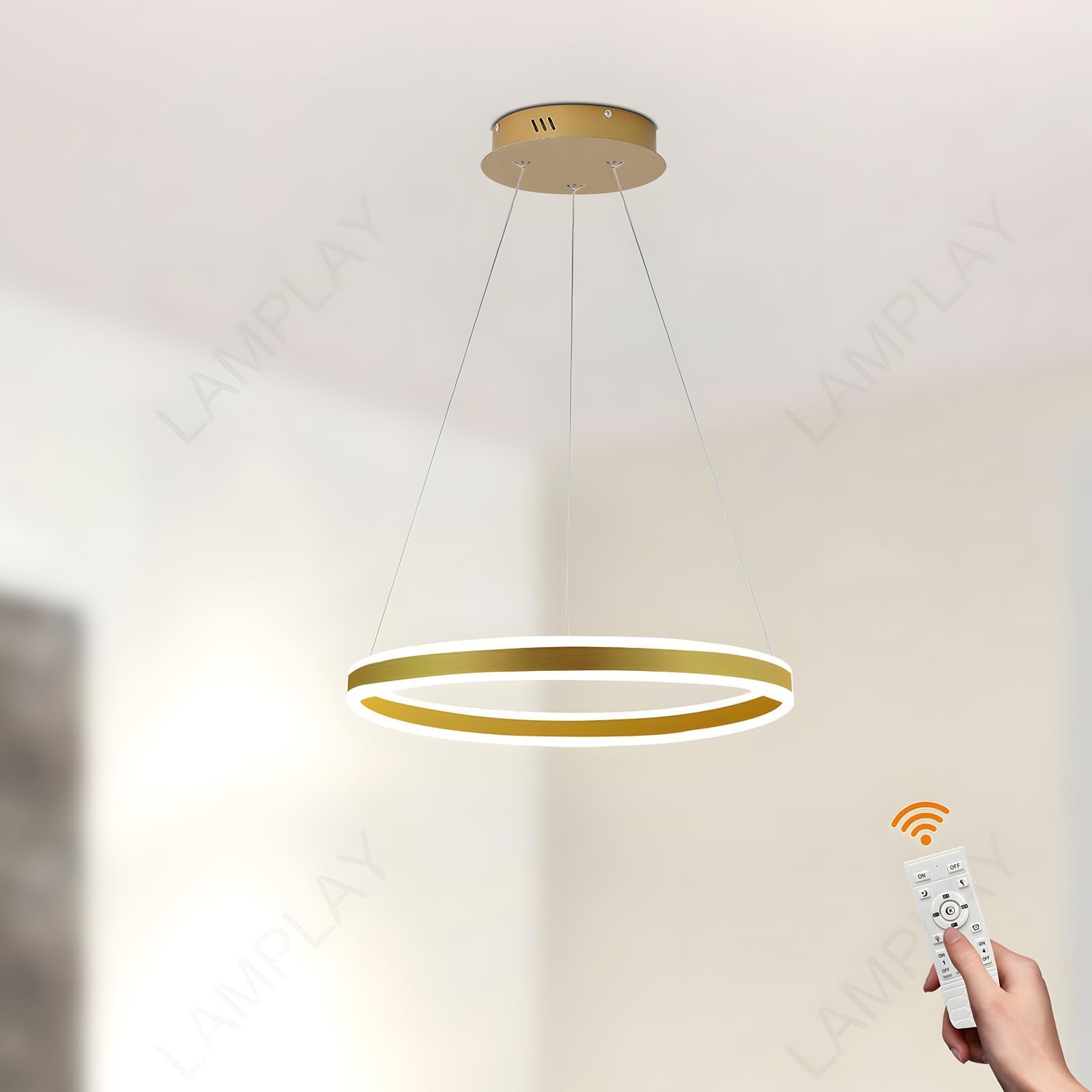 Lamplay Golden Round Led Modern Pendant Light, 1 Ring Chandelier, Dimmable With Remote Control 3000K-6000K Ceiling Light, Height Adjustable, Foyer Living Room Bedroom Dining Kitchen Island (Ø40cm)