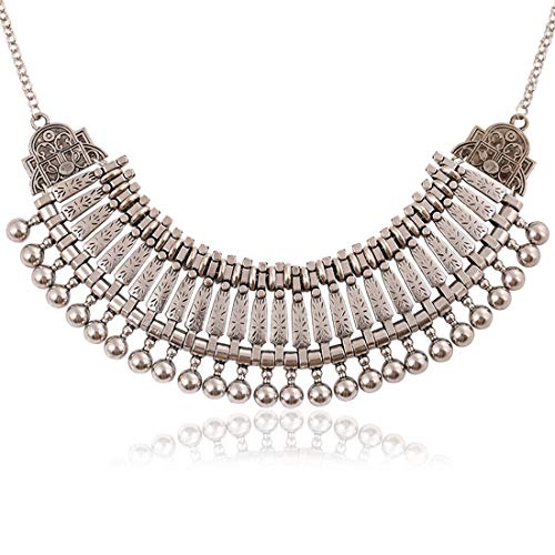 Bessky Bohemian Silver Necklace Retro National Wind Carved Statement Bib Choker