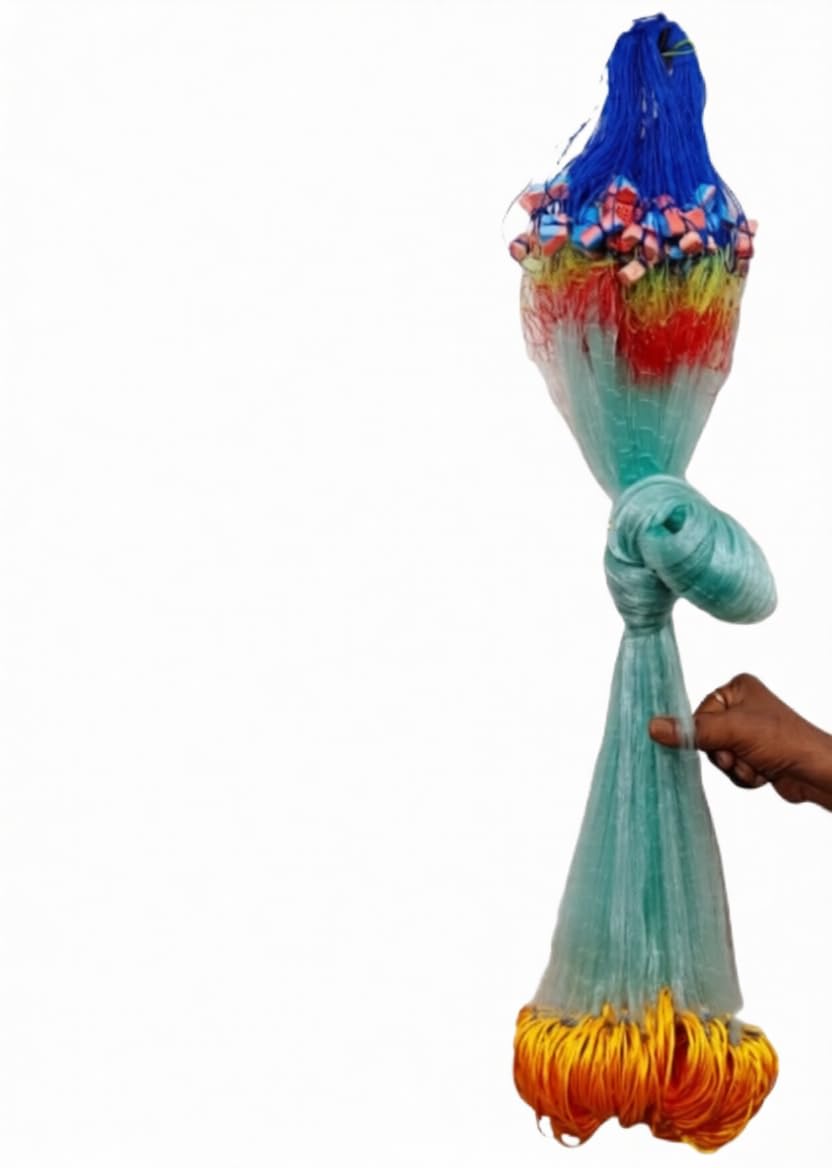 Mondal Store 45MM Fishing Gillnet Sisha Jal | Handmade Nylon Net with Floating Rubber & Strong Rope | Rounded Lead Sinker Weights | Height 5 Feet, Length 50-60 Feet-image-45