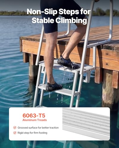 Image of VEVOR Flip-Up Dock Ladder, 5-Step, Heavy-Duty Aluminum Alloy Pontoon Boat Swim Ladder, with Non-Slip Wide Steps, 350 lbs Weight Capacity, Pull Rope Assist, Comfort Use for Lake Pool Marine Boarding