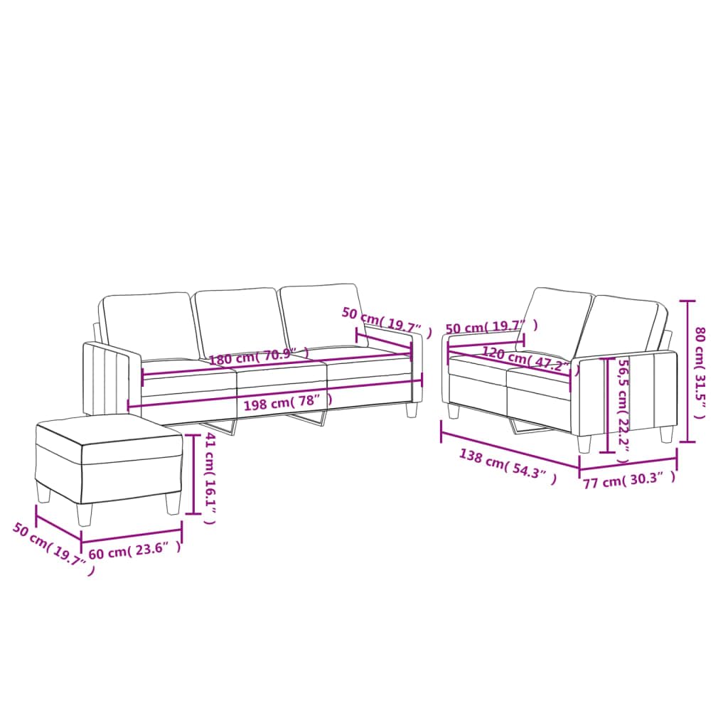 Juego de sofá de 3 piezas de 3 plazas, 2 plazas y taburete, de piel sintética, para salón, sofá moderno acolchado con estructura de metal y cojín, color marrón capuchino