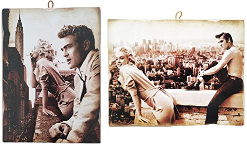 KUSTOM ART Lot de 2 tableaux style vintage série acteurs Fameux « Marilyn Monroe, James Dean, Elvis Presley » Impression sur bois 18 x 25 et 25 x 18 cm Pour ameublement restaurant pizzeria Bar Hotel Cover
