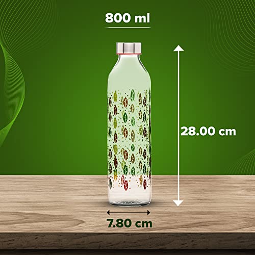 Image of SAND DUNE Set of 6, 800 ml Each Coloured Leaves Printed Glass water bottle, with Leak-Proof Airtight Stainless-Steel Lid for Water, Smoothie, Juices - Reusable Travel Glass Drinking Fridge Bottles