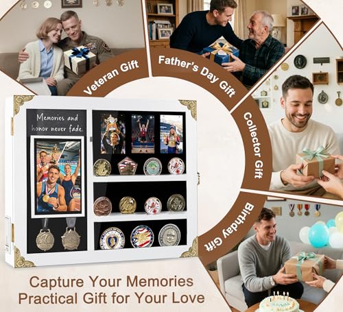 Image of Medal Display Case for Athletes, Lighted Shadow Box with Photo Frame , Wall Mount Display Holder with Removable Shelves for Medals, Challenge Coins, Memorial Gift for Achievement, Collectors, White