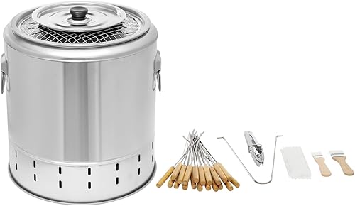 Miniatura 3 de Parrillas de carbón, 13.39 x 14.17 pulgadas, barril de barbacoa de acero inoxidable, parrilla portátil de carbón, cubo de barbacoa de gran