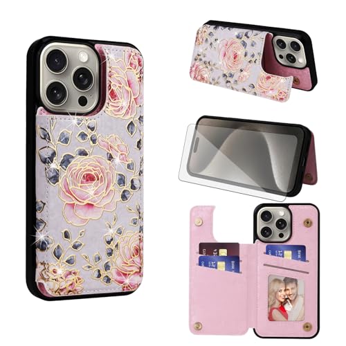 Coque iPhone 15 Pro Max avec porte-carte et verre trempé rose