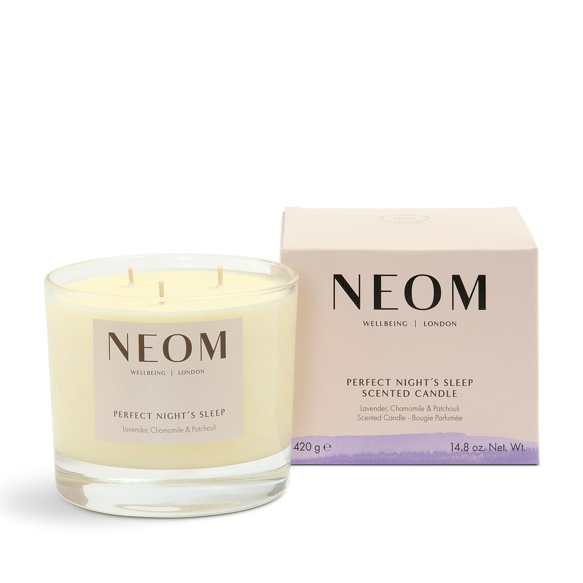 NEOM Lavender, Chamomile & Patchouli Candle, 3 Wick | Scent to Sleep | Essential Oil Aromatherapy Candle | 100% Natural Fragrance, packaging may vary