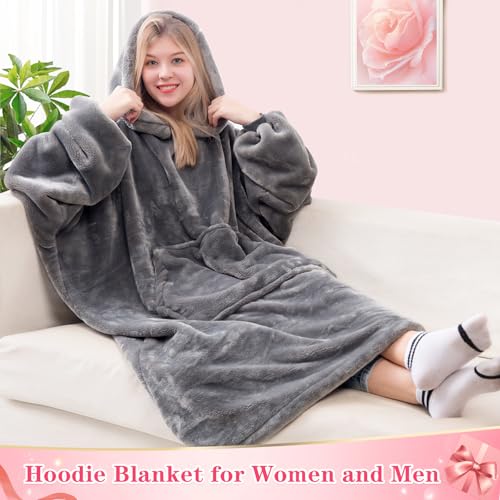 Image of Waitu Wearable Blanket Sweatshirt Gifts for Women and Men, Super Warm and Cozy Giant Blanket Hoodie, Thick Flannel Blanket with Sleeves and Giant Pocket - Gray