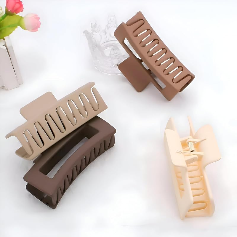 Elina 3 Pcs Jumbo Hair Clutcher Clips Extra Large Rectangle Claws For Thick Long Hair, Non-slip Tight Strong Grip Matte Color Big Oversized Barrette For Women,Girls Accessories (Assorted) - 3 Pcs