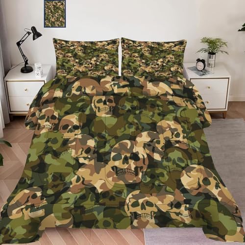Image of Green Camo Comforter Set King: 1 Comforter 2 Pillowcases, Camouflage Skull Bedding Set for Boys Adults Men, Army Hunting Gothic Skeleton Quilt Bedroom Decor