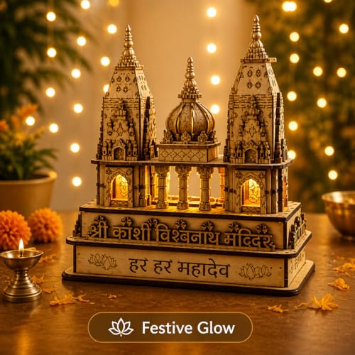 Image of VISHUFAB Wooden Kashi Vishwanath Temple Model | Handcrafted Religious Showpiece | Traditional Home & Office Decor