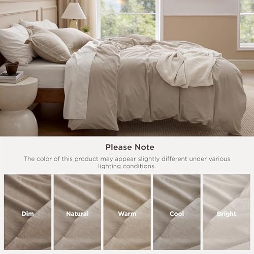 Image of Bedsure 100% Washed Cotton Duvet Cover Twin - Frosted Almond Minimalist Bedding Set Linen Like - PureWoven Plain Simple & Soft Comforter Cover for All Seasons (Frosted Almond, Twin, 68 inchx90 inch)