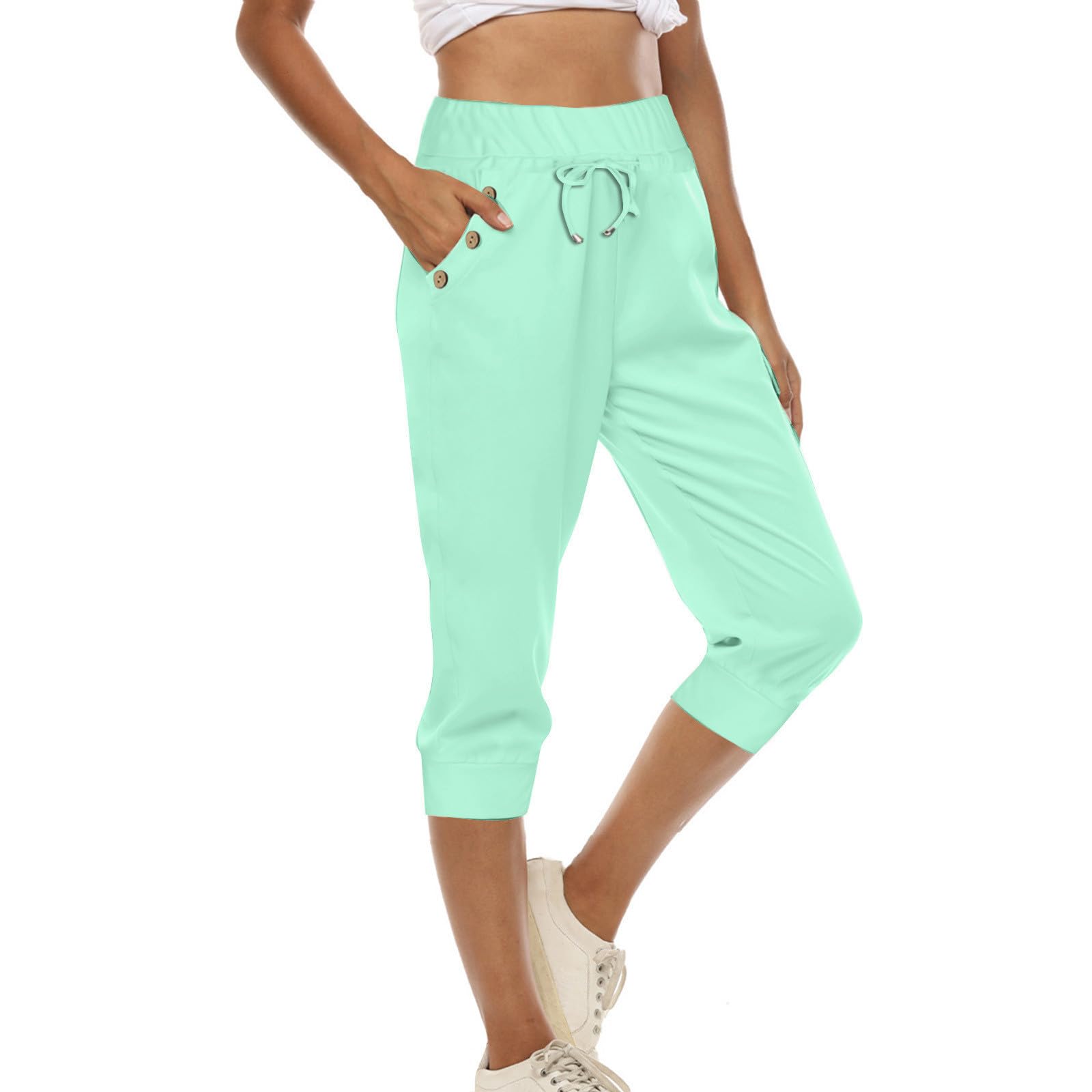 Womens Casual Sweatpant Summer High Waist Drawstring Yoga Sport Cropped Pants Stretch Loose Comfy Trouse with Pocket(Mint Green,5X-Large