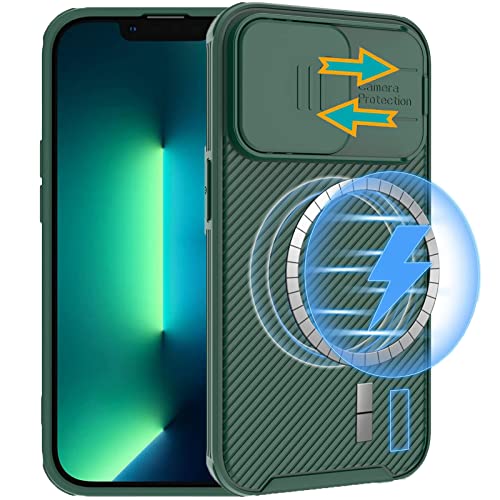 Image of for iPhone 14 Pro Max Case Compatible with MagSafe, Built-in Slide Camera Cover Silicone Bumper and Hard PC Back Shockproof Military-Grade Protective Case for iPhone 14 Pro Max 6.7 inch (Green)