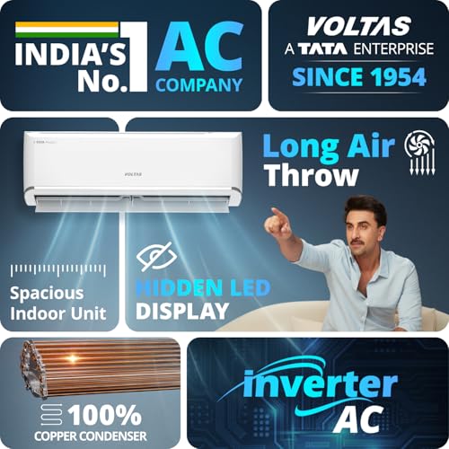 Image of Voltas 1 ton 5 star,New star rated, Inverter Split AC (Copper, Convertible 5-in-1 Cooling Mode,2-Way Air Swing, Anti-dust Filter with Anti Microbial Coating,Auto Clean (125INV VECTRA ZEN SILVER,White)