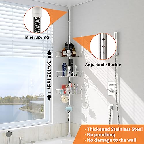 Image of YeYeBest 39-125 Inch Rustproof Shower Caddy Corner for Bathroom, Bathtub Storage Organizer with 4 Adjustable Baskets, Sliver