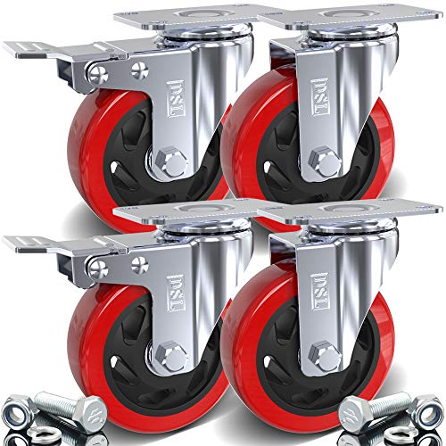 4 roulettes pivotantes résistantes à double roulement et frein 100 mm en caoutchouc pour chariot roulante jusqu’à 700 kg, pose libre (100mm (4'') - 2 x Brakes & 2 Standards)